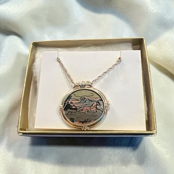 Avon Jewelry - Vintage Avon Necklace with Pendant Gold Tone, Country Christmas Sleigh Ride 1982